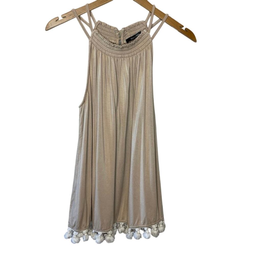 Doe & Rae Tan Pom Pom Tassel Classic Soft Halter Top Size Medium Boho Resort